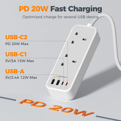 TESSAN 1.5M Extension Lead with PD 20W USB C Charger (4 USB Slots)