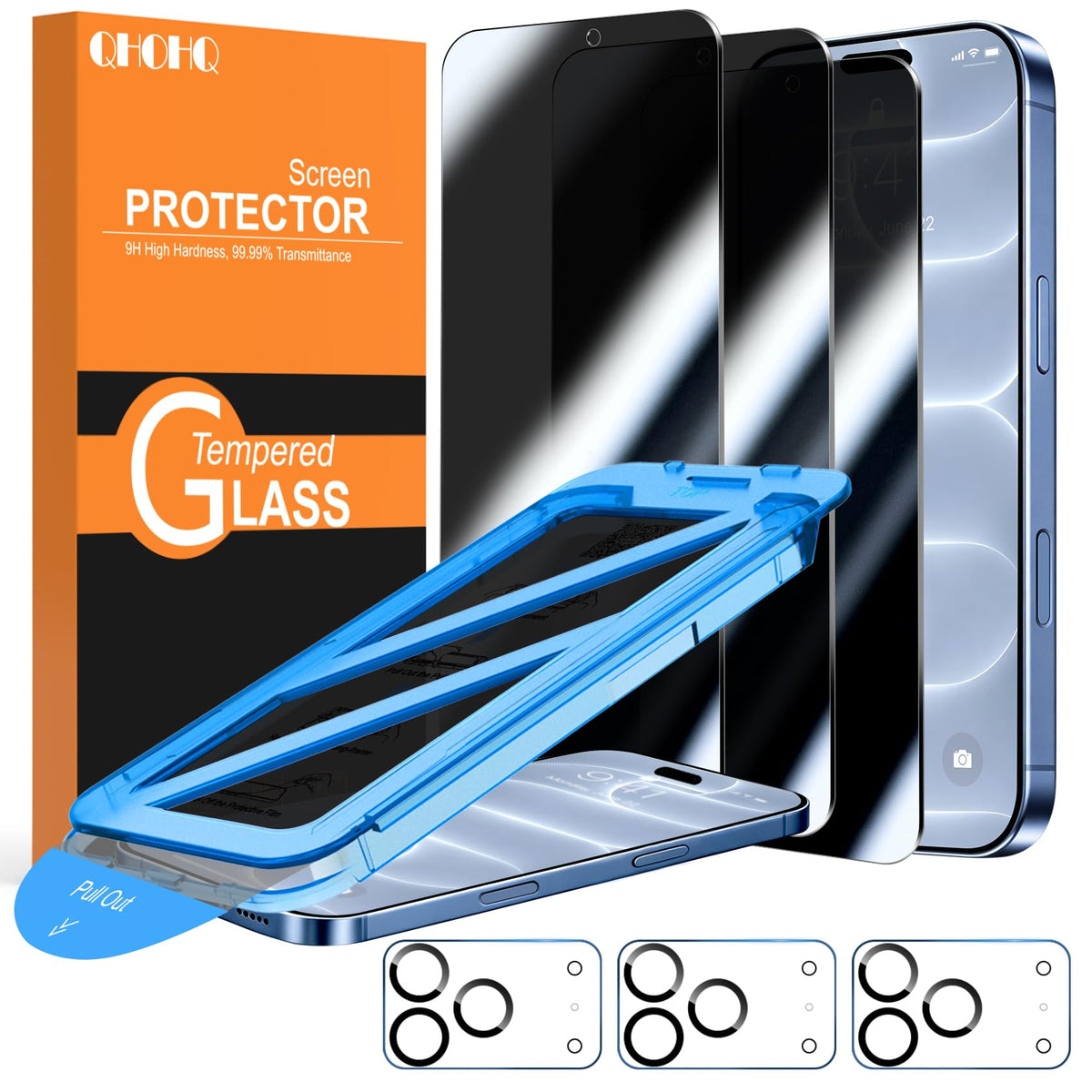 QHOHQ 3 Pack Screen Protector for iPhone 14 Plus 6.7 Inch with 3 Pack Tempered Glass Camera Lens Protector, Ultra HD, 9H Hardness, Case Friendly [Easy to Install Frame]