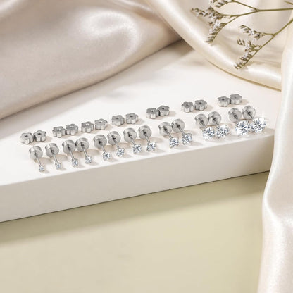 Flat Back Stud Earrings for Women Men 20G Hypoallergenic Surgical Steel Set