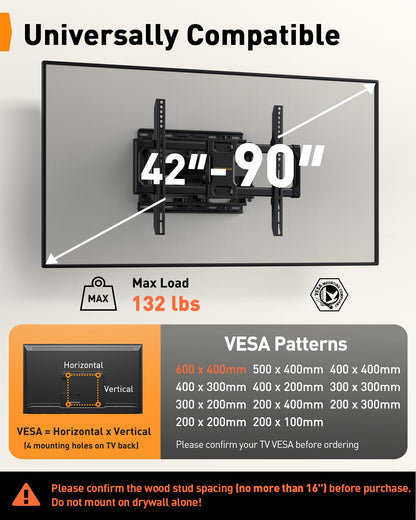 Perlegear Full Motion TV Wall Mount with Power Strip for 60–120 Inch TVs
