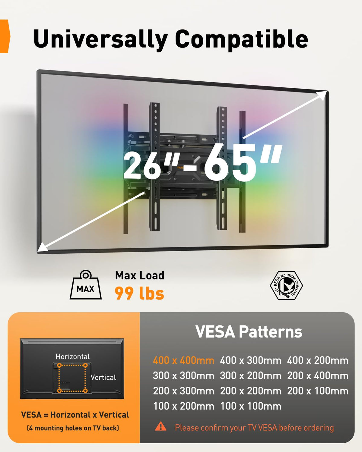 Perlegear Full Motion TV Wall Mount with Power Strip for 60–120 Inch TVs