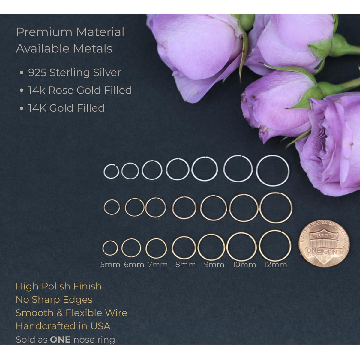 Small Thin Gold or Sterling Silver Nose Ring Hoop for Women, 20G/22G/24G