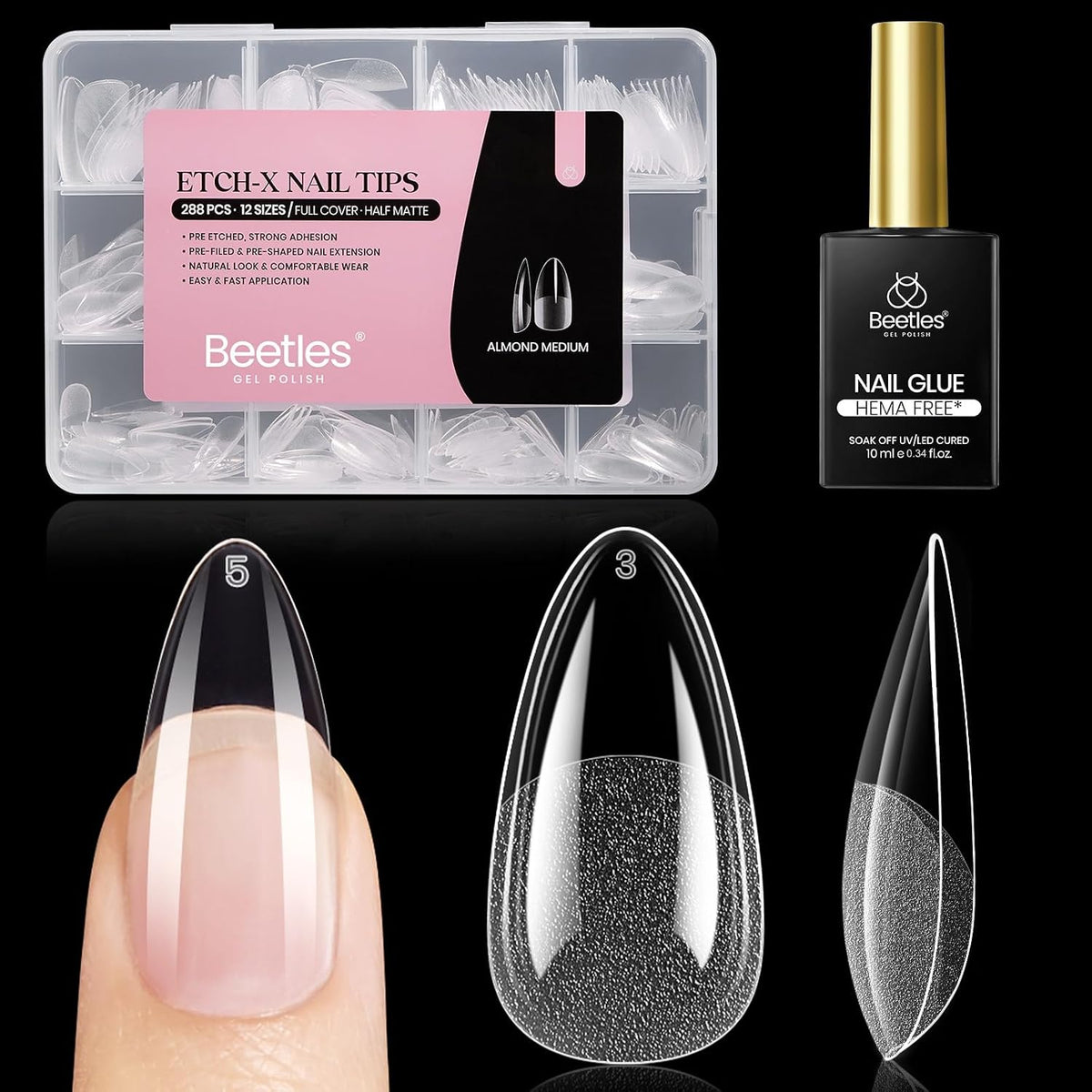 Beetles Soft Gel Nail Kit Almond Short 288pcs 12 Sizes Nail Tips with Glue