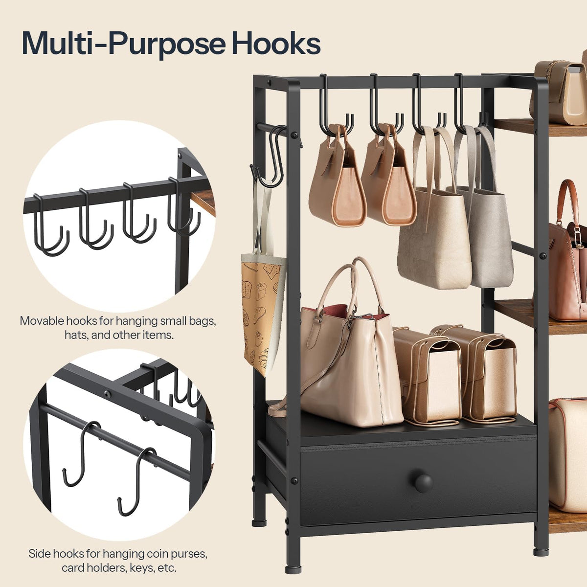 HOOBRO Purse Organizer Rack for Closet, 3-Tier Handbag Storage Stand