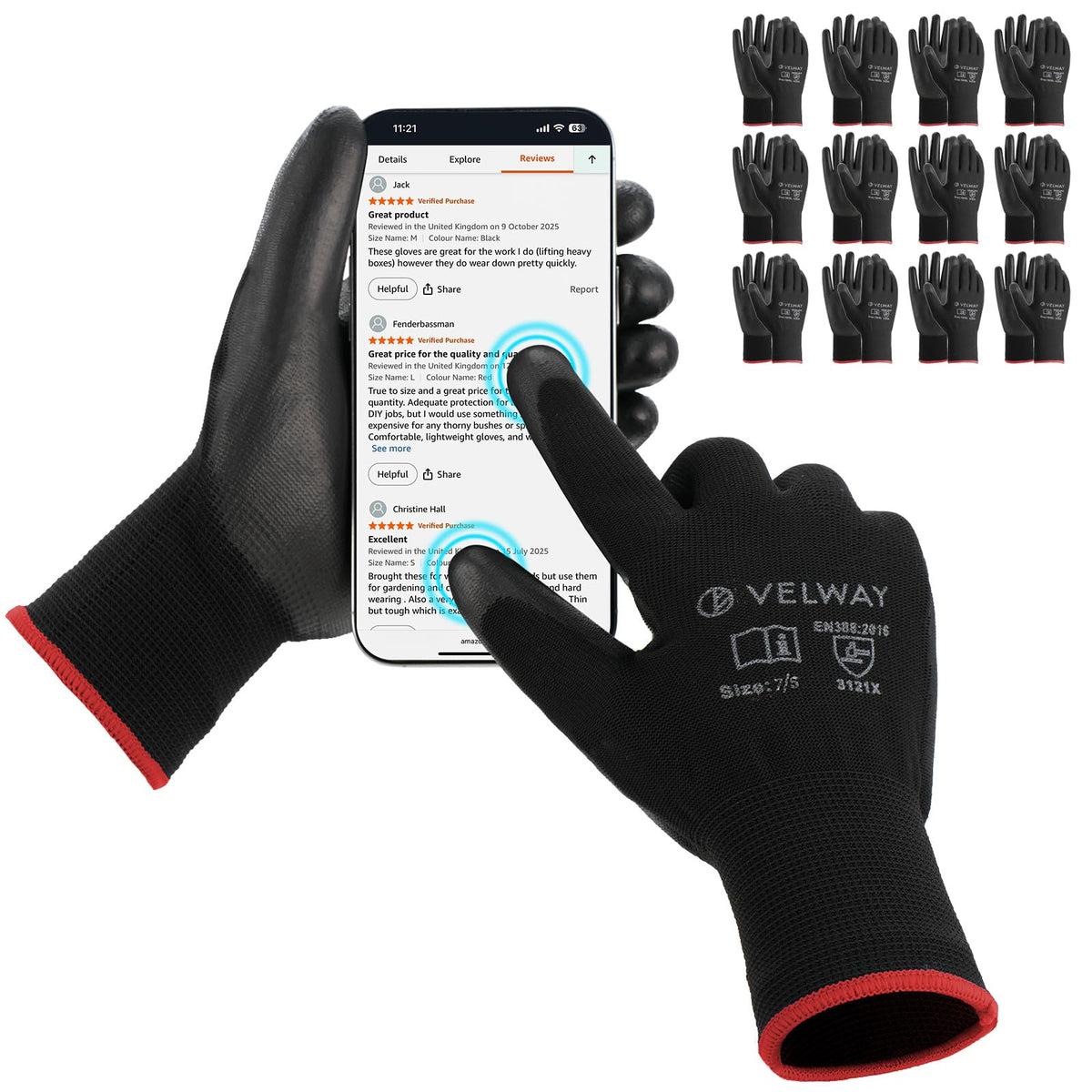 Velway 12 Pairs Work Gloves PU Coated for Men Women, Red, Size 9/L