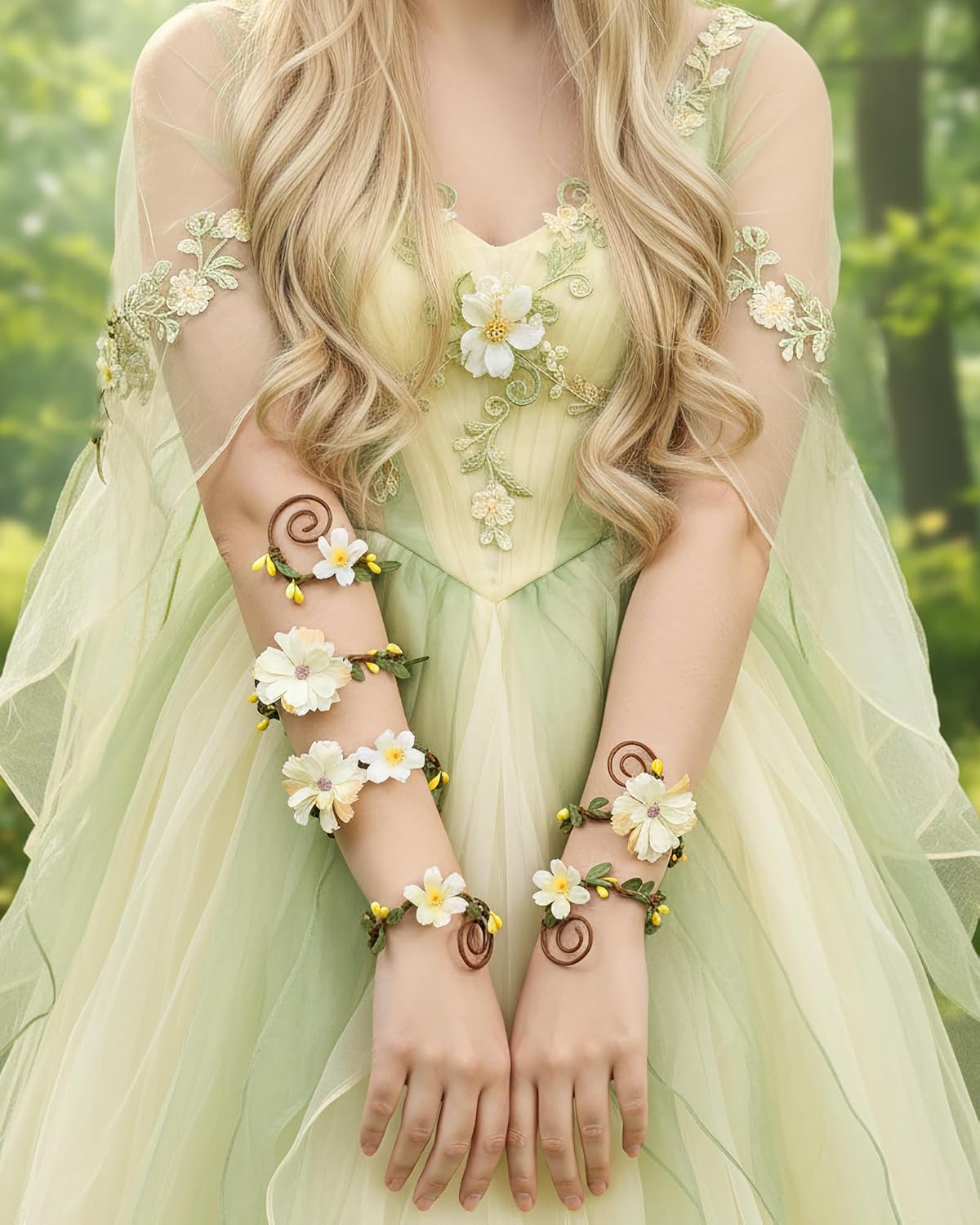 FRESHME Renaissance Costume Flower Arm Wraps - 2 Pcs Fairy Accessories Elf Bracelet with Wrap Ring Woodland Renfaire Outfit