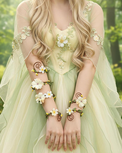 FRESHME Renaissance Costume Flower Arm Wraps - 2 Pcs Fairy Accessories Elf Bracelet with Wrap Ring Woodland Renfaire Outfit