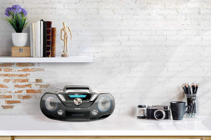 Philips CD Player Portable with Bluetooth, Crystal Clear Sound Top Loading CD Boombox with FM Radio, USB Port & Aux Input, Compact & Lightweight Design,R/CD-RW/MP3 Compatible (Black)