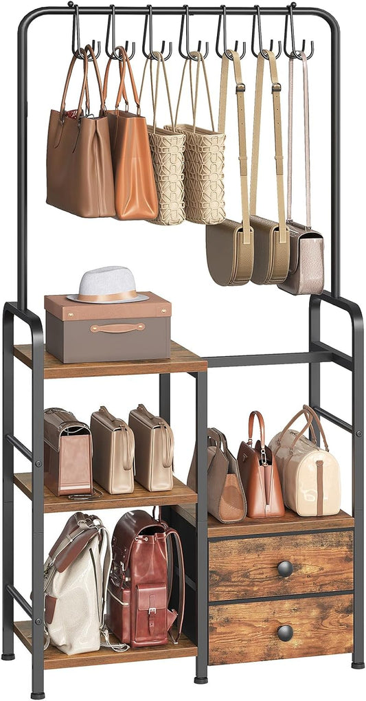 HOOBRO 3-Tier Tall Purse Organizer with Hooks & Drawers