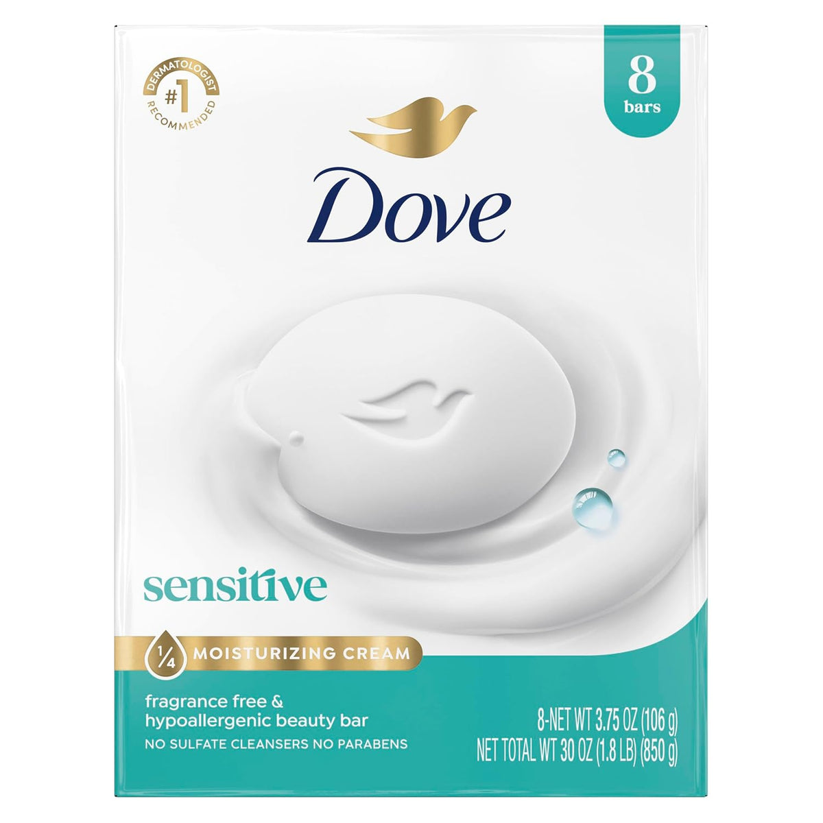 Dove Sensitive Beauty Bar Soap, Fragrance Free, 8 Count, 3.75 oz
