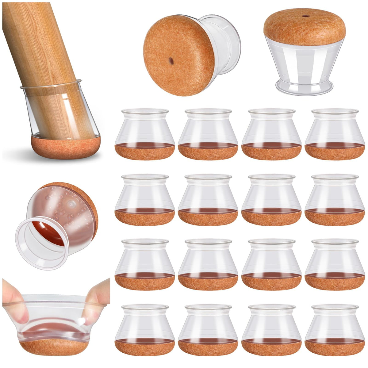 Square Chair Leg Floor Protectors, 16 Pcs, Large Clear