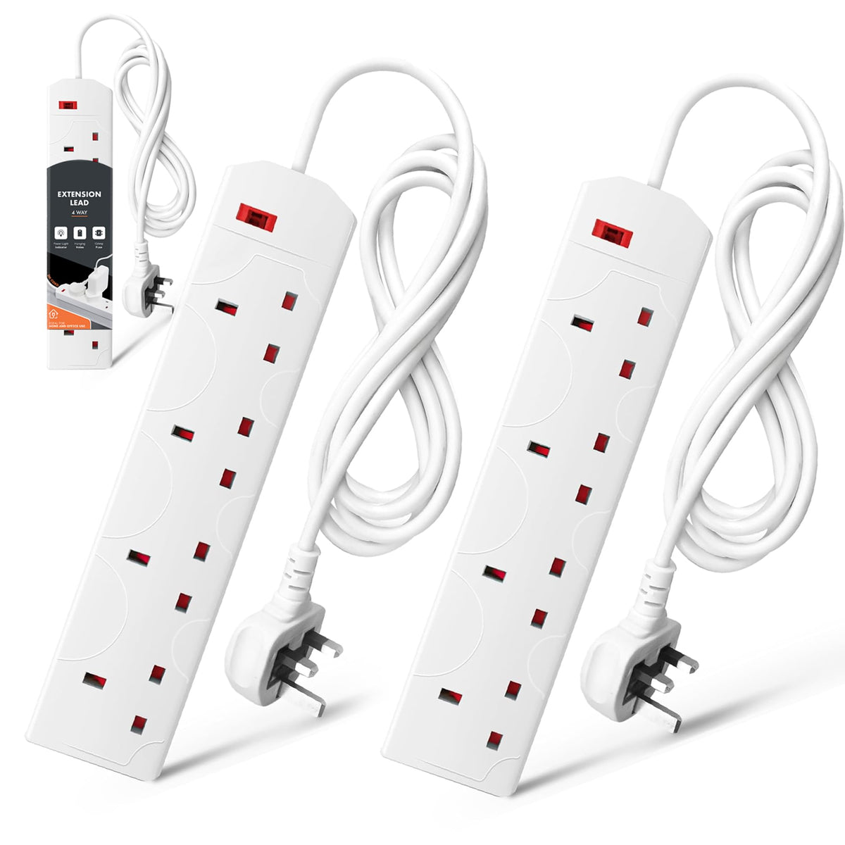 Wolf Power 4 Way Extension Lead, 2 Metre Extension Cable with UK 3 Pin Plug, Multi Socket Power Strip, Wall Mountable, Suitable for Home, Office & Appliances (White, 1 Pack)