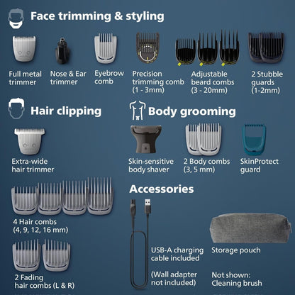 PHILIPS Multigroom Series 9000 24-in-1 Trimmer Beard, Hair & Body Grooming Kit | Precision Trimming Comb, Self-Sharpening Steel Blades, BeardSense Technology, Waterproof, Packaging May Vary