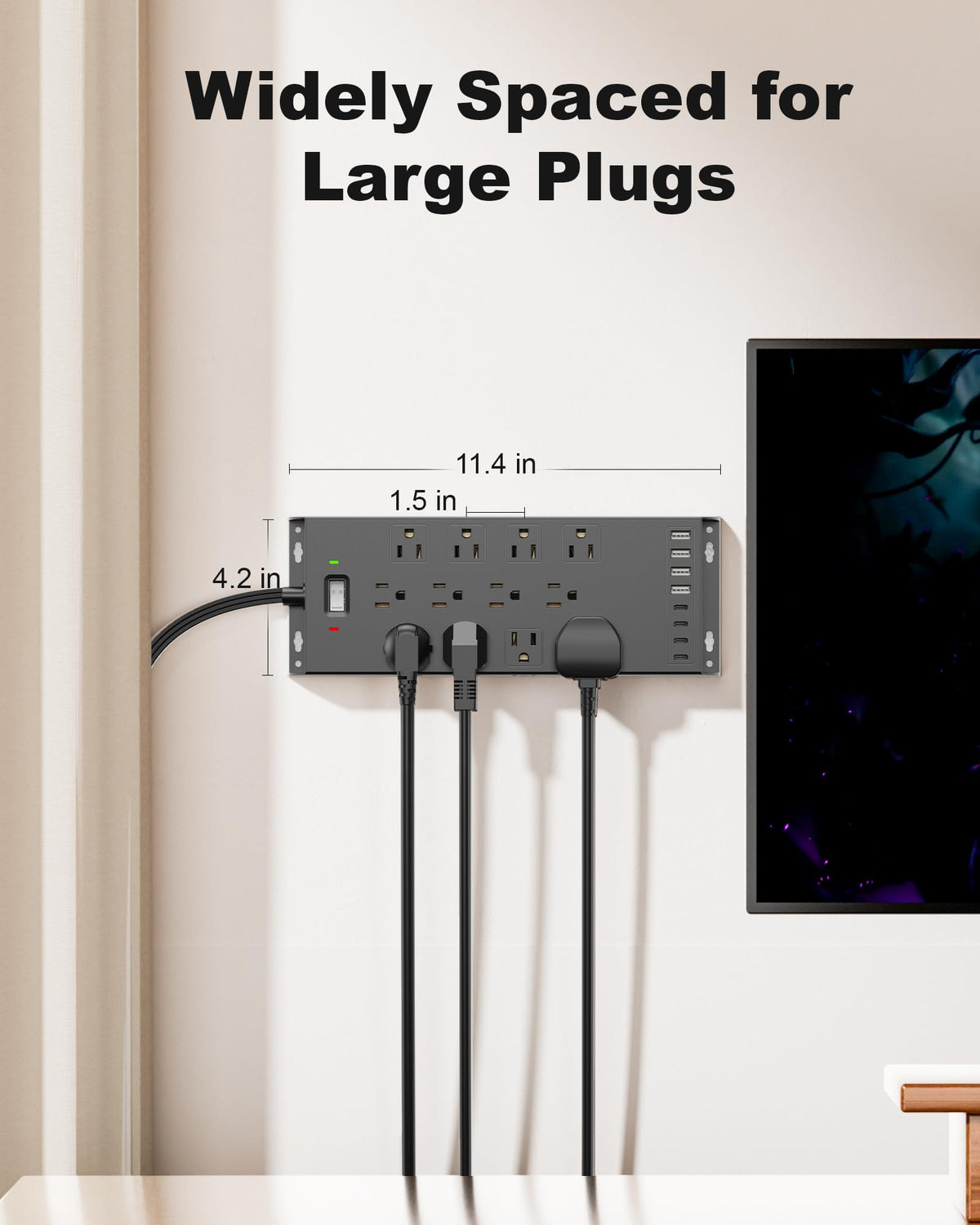 Surge Protector Power Strip 4800J, LeZone 10Ft Long Extension Cord Flat Plug, 20 Outlets 4 USB-A 4 USB-C Ports, Wall Mountable, Home Office Dorm Essentials, Black