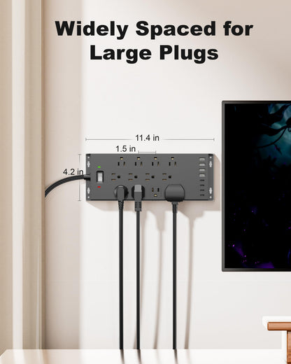 Surge Protector Power Strip 4800J, LeZone 10Ft Long Extension Cord Flat Plug, 20 Outlets 4 USB-A 4 USB-C Ports, Wall Mountable, Home Office Dorm Essentials, Black
