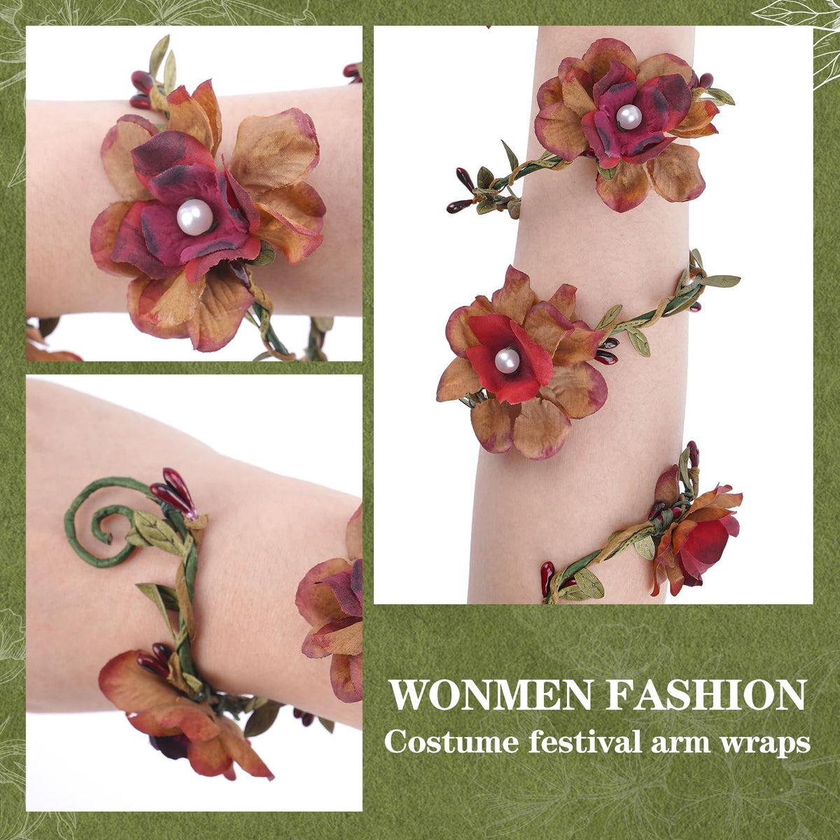 FRESHME Renaissance Fairy Floral Arm Wrap - 1 PC Elf Bracelet Forest Mother Nature Costume Renfaire Cosplay Fairy Accessories