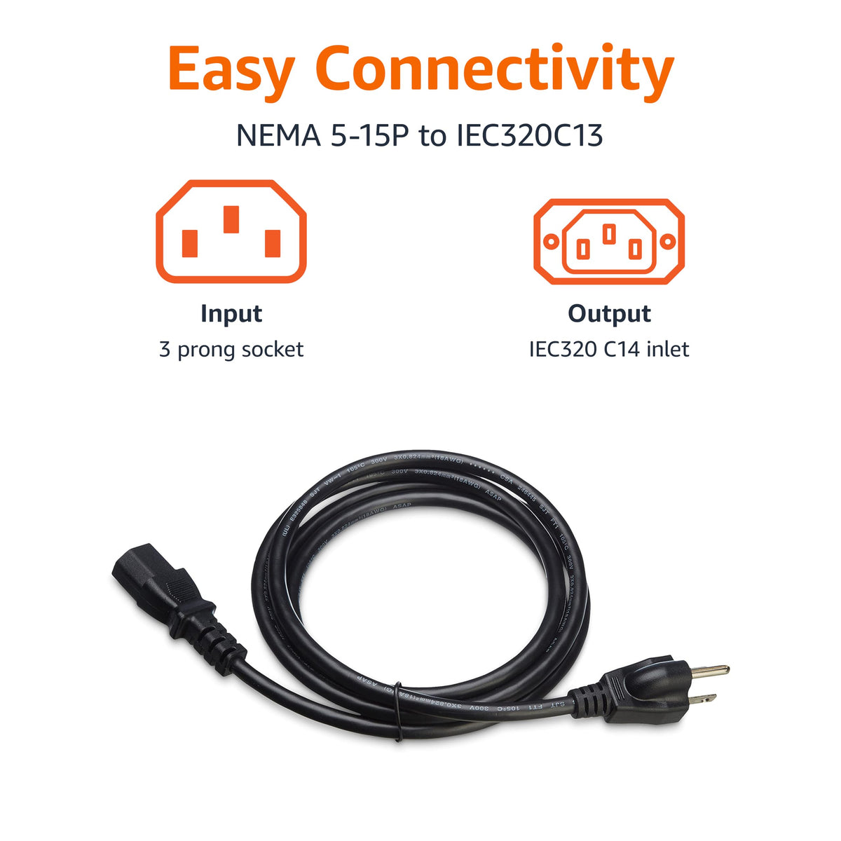 Amazon Basics Replacement Power Cord for Computer, Monitor, TV, Printer, PC, 3 Prong, 18 AWG, 125 Volts, 10 Feet, Black