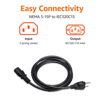 Amazon Basics Replacement Power Cord for Computer, Monitor, TV, Printer, PC, 3 Prong, 18 AWG, 125 Volts, 10 Feet, Black