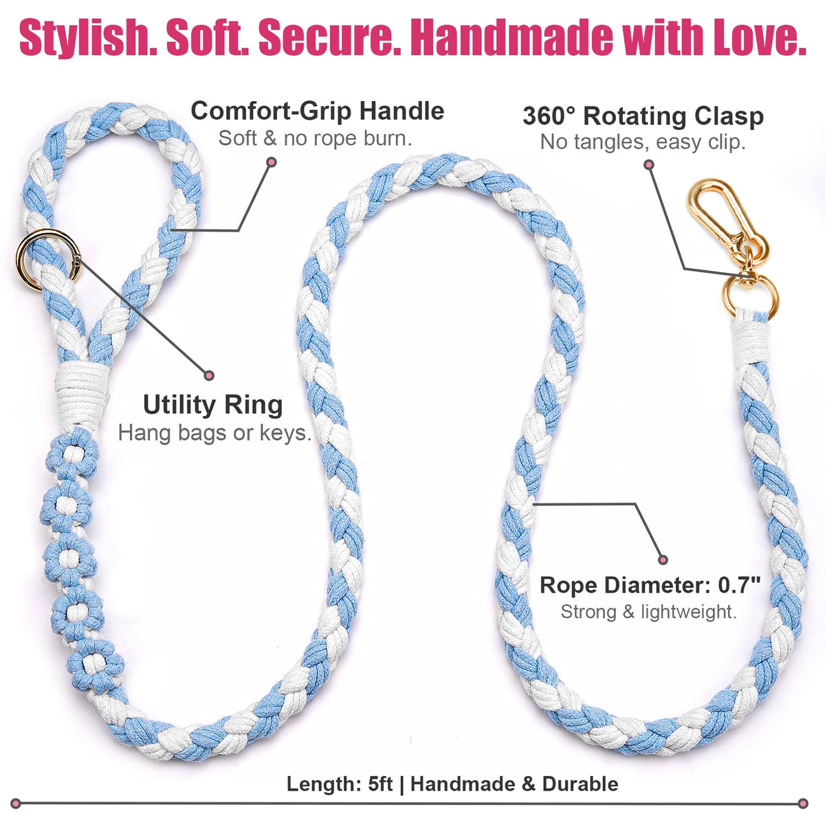 5FT Braided Cotton Rope Leash for Small, Medium and Large Dogs, Red & White Twist