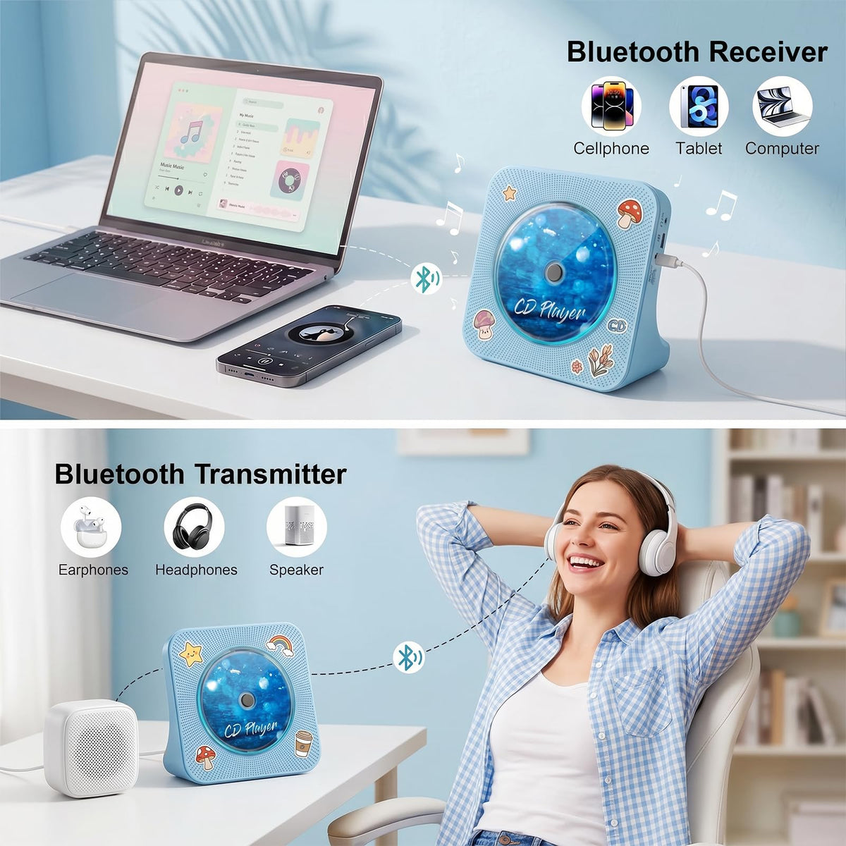 Gueray CD Player Portable Bluetooth Desktop CD Player for Home (Black)