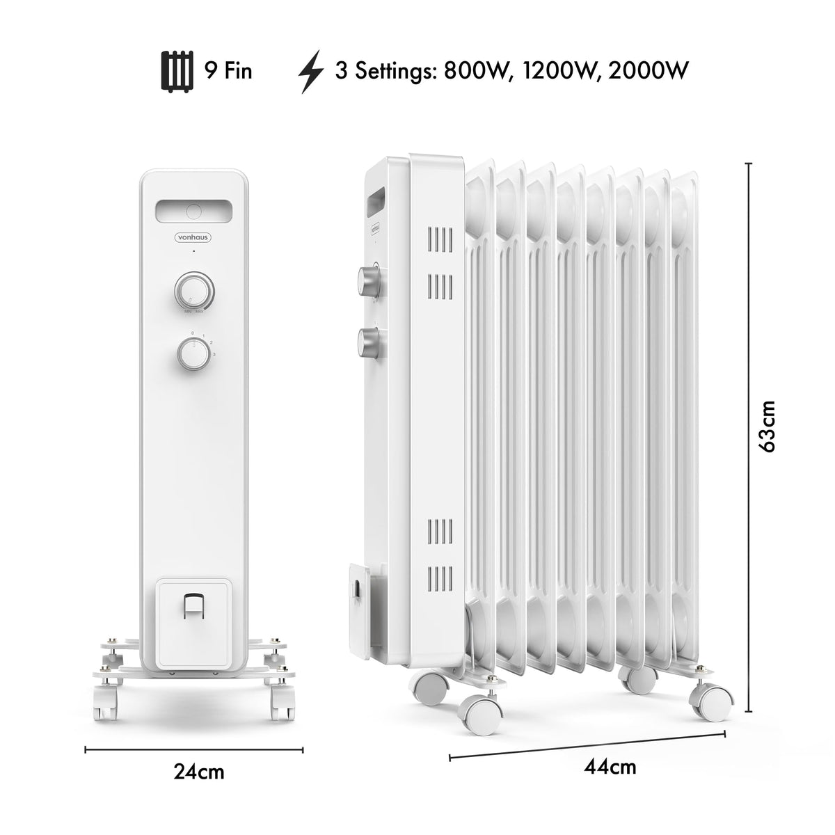 VonHaus Oil Filled Radiator 11 Fins – 2500W, 3 Heat Settings, 24 Hour Timer