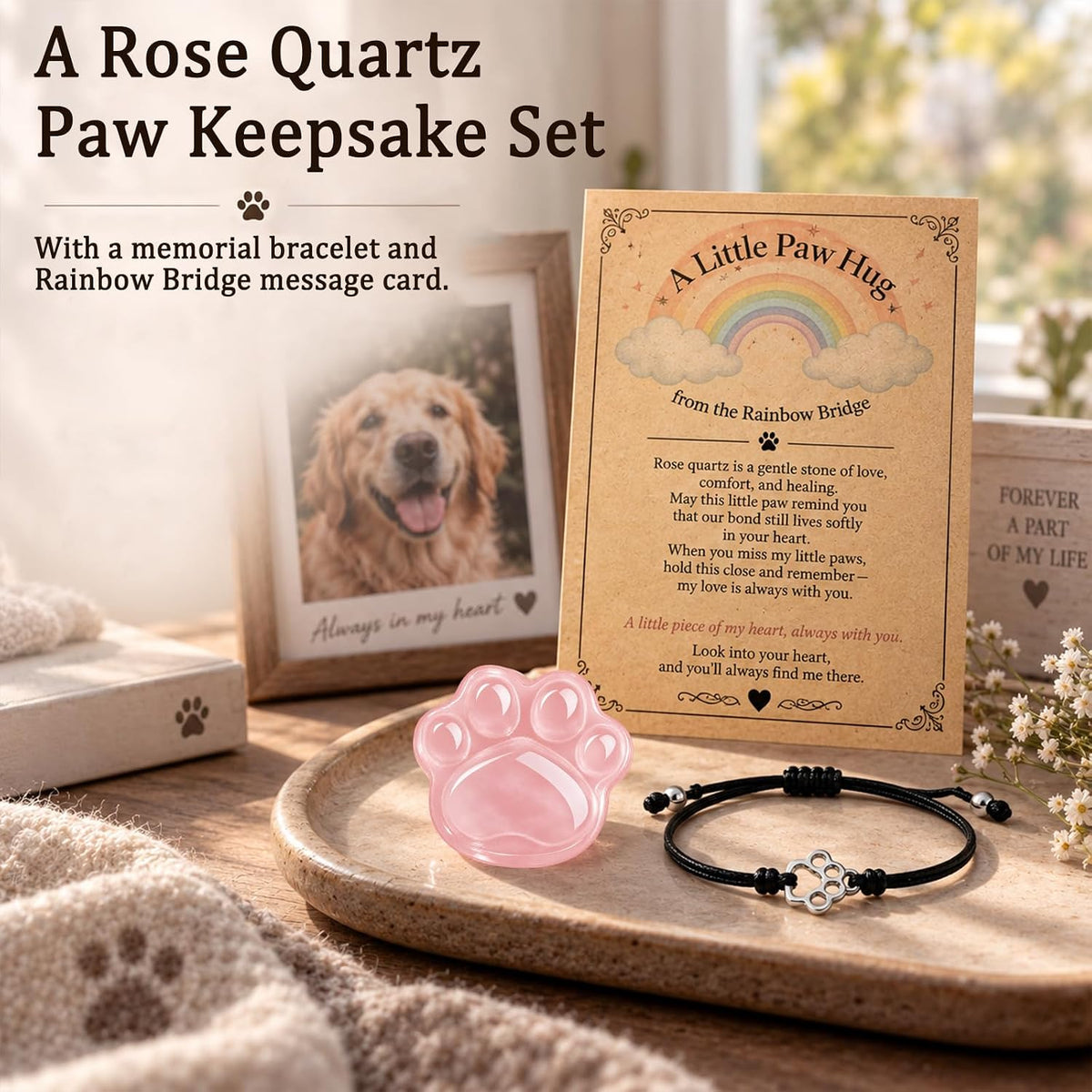 Dog Memorial Gifts for Loss of Dog, Rose Quartz Paw & Memorial Bracelet