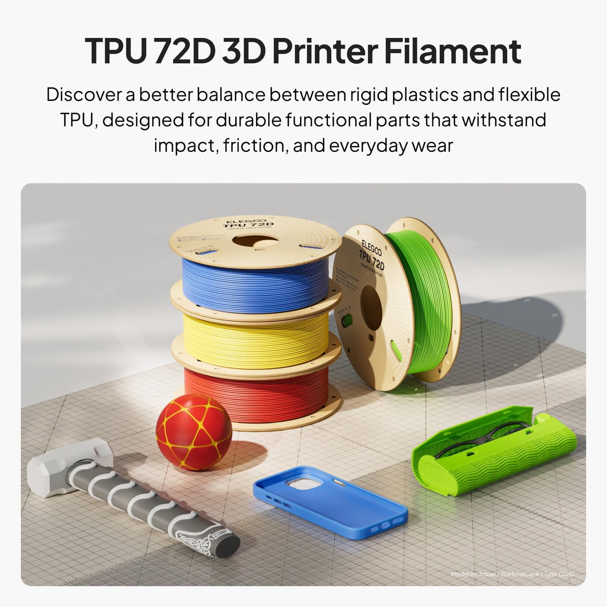 ELEGOO TPU 3D Printer Filament 1.75mm Black 1KG, 95A Flexible