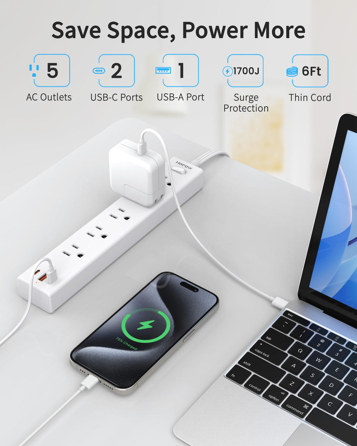 5 Outlets 2 Prong Power Strip with 3USB, 6FT Extension Cord for Old House