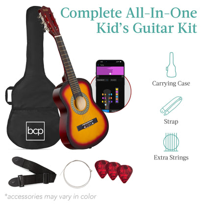 Best Choice Products 30in Kids Acoustic Guitar, All-in-One Beginner Starter Kit w/Strap, Case, Extra Strings, Rosette Inlay - Pink