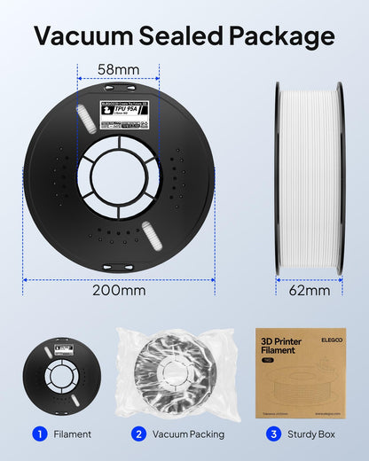 ELEGOO TPU 3D Printer Filament 1.75mm Black 1KG, 95A Flexible