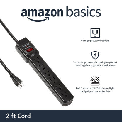 Amazon Basics Surge Protector Power Strip, 6-Outlet with 200J Protection, Circuit Breaker, LED Indicator, On/Off Switch, Wall-Mounting, 2ft Extension Cord, White, 2-Pack