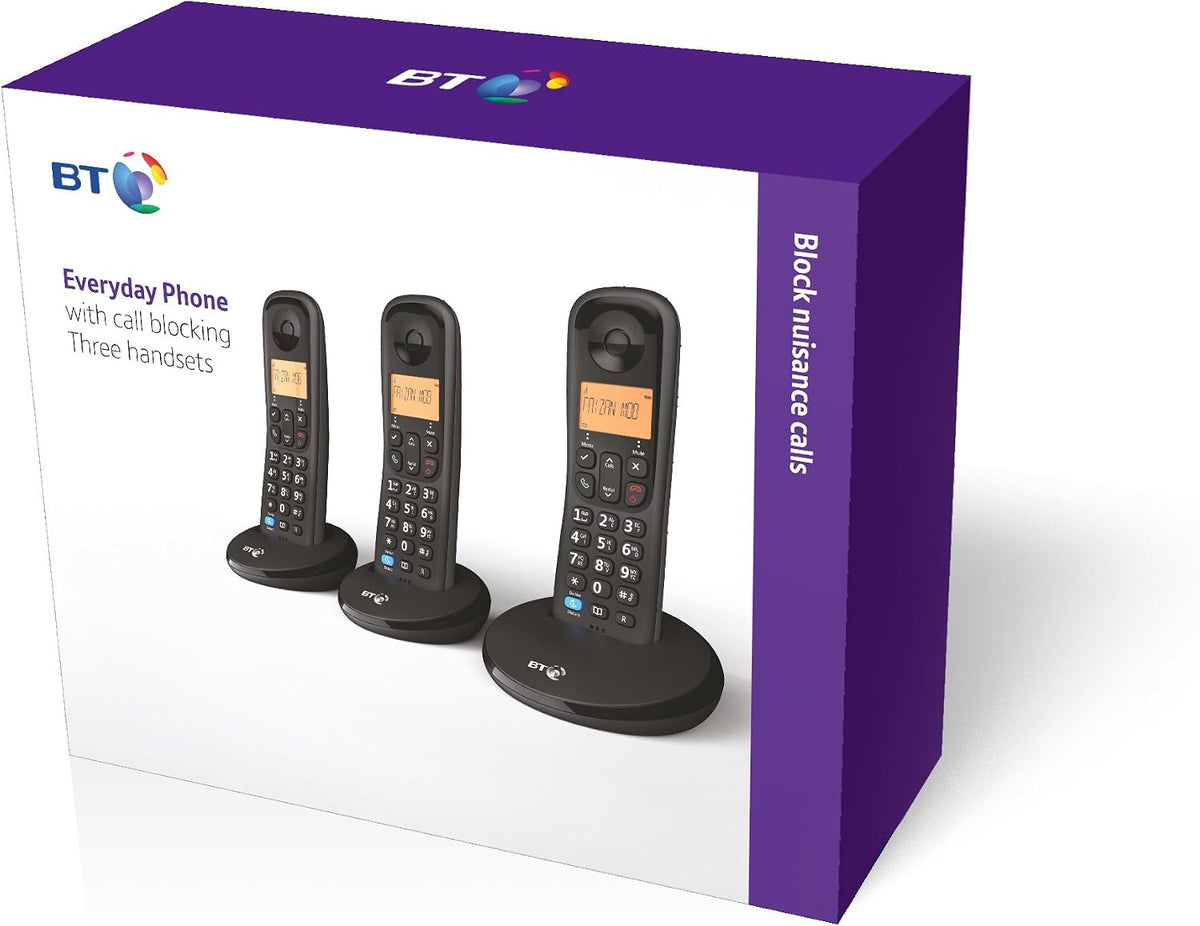 BT Everyday Cordless Landline House Phone, Home Phone, Basic Call Blocker, Do Not Disturb button, Trio Handset Pack