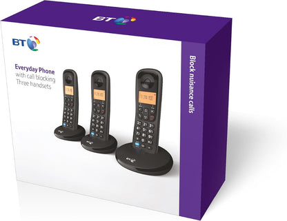 BT Everyday Cordless Landline House Phone, Home Phone, Basic Call Blocker, Do Not Disturb button, Trio Handset Pack