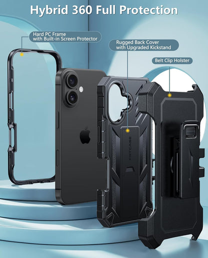 FNTCASE for iPhone 16 Case with Belt Clip and Built-in Screen Protector