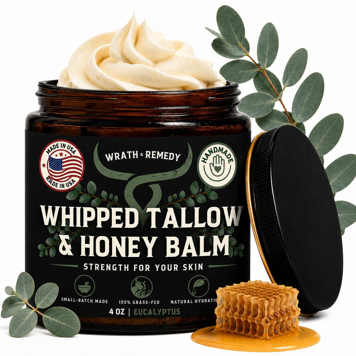 Wrath & Remedy Beef Tallow and Honey Balm, Handcrafted, Unscented, 4 oz