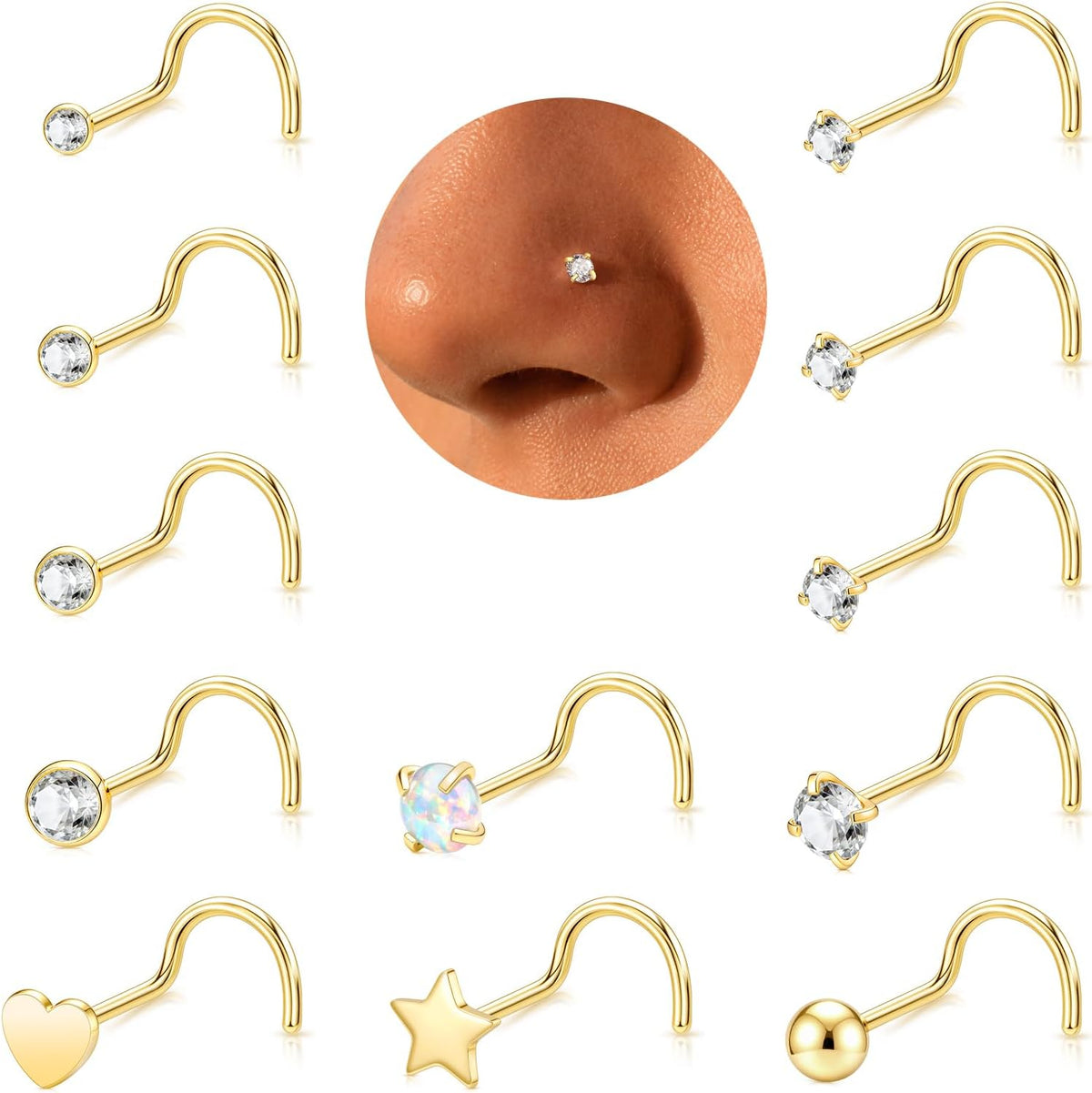 12 Pcs 20G Silver Nose Rings Studs Corkscrew Piercing Jewelry for Women Men