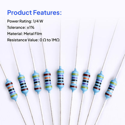ELEGOO 525 Pcs 1/4W Metal Film Fixed Resistor Kit, 17 Values, ±1% Tolerance