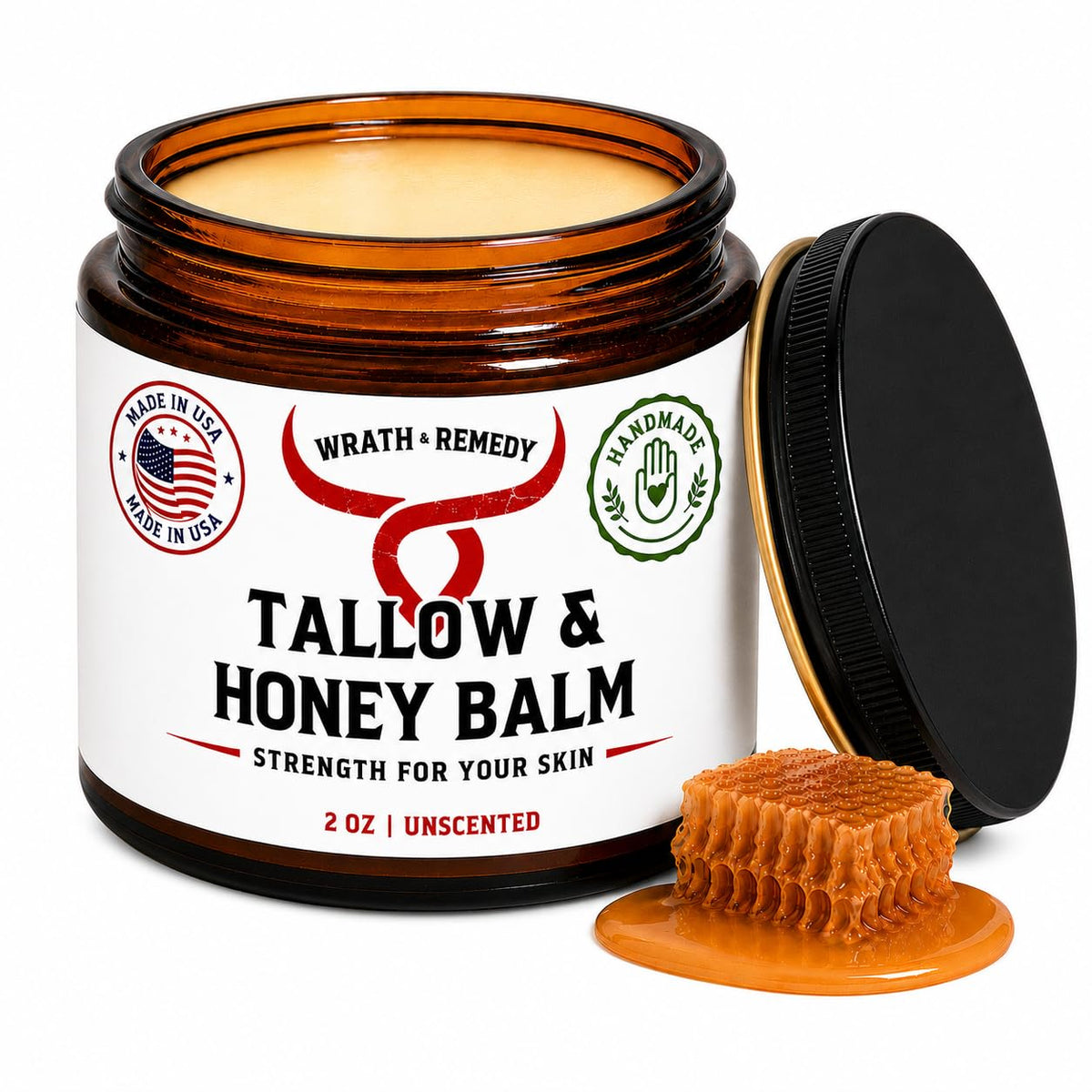 Wrath & Remedy Beef Tallow and Honey Balm, Handcrafted, Unscented, 4 oz