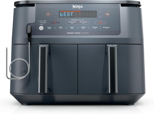 Ninja 6-in-1 10 QT Air Fryer, Foodi Smart Thermometer, Roast, Bake, Air Fry, Crisps, Broil, Reheats, Keep Warm, Fries, Frozen Food, Veggies, & Meat, Light Grey, DZ550GY (Renewed)