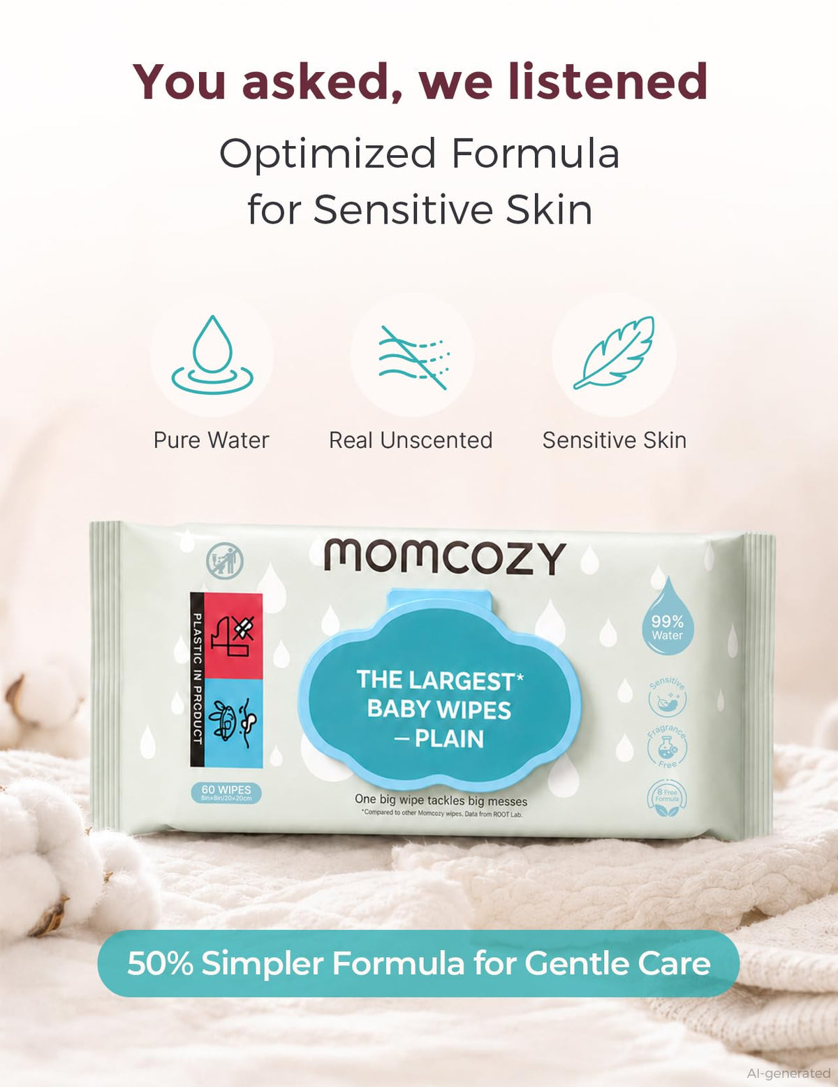 Momcozy Baby Wipes, Unscented & Hypoallergenic, Gentle for Sensitive Skin
