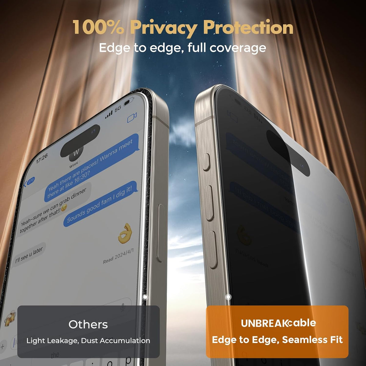 UNBREAKcable Privacy Screen Protector for iPhone 15, Full Coverage