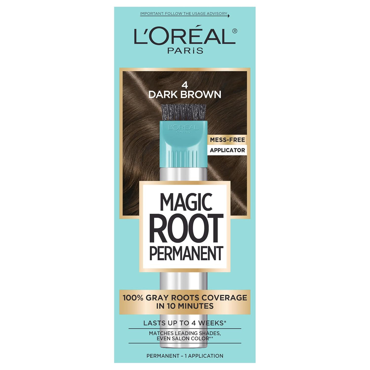 L'Oreal Paris Magic Root Permanent Hair Color Kit, 100% Gray Hair Coverage In Just 10 Minutes, Precision Brush Applicator for Seamless Application, 4 Dark Brown (1 Count)