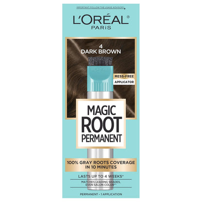 L'Oreal Paris Magic Root Permanent Hair Color Kit, 100% Gray Hair Coverage In Just 10 Minutes, Precision Brush Applicator for Seamless Application, 4 Dark Brown (1 Count)