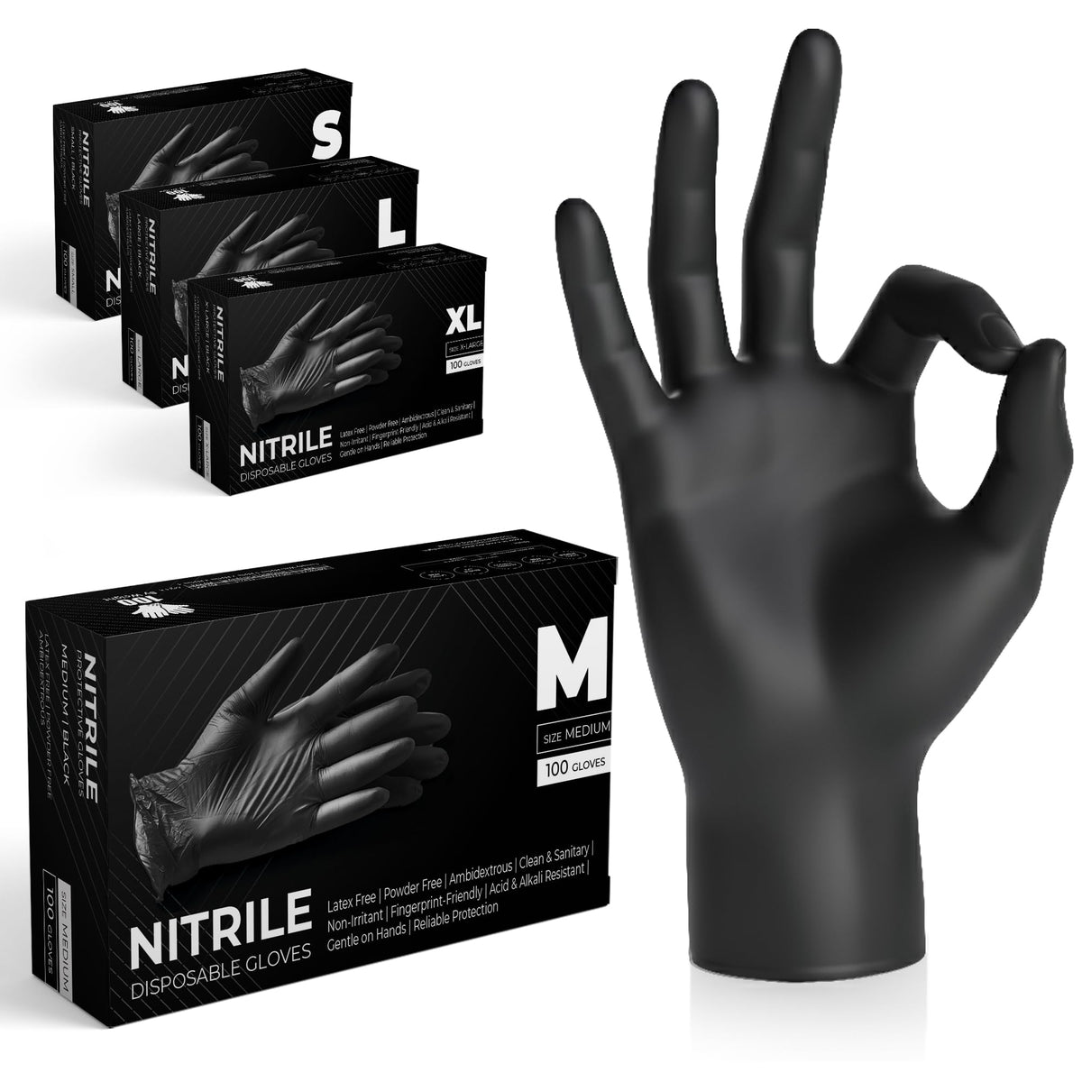 The Real Touch Black Nitrile Multi-Purpose Disposable Gloves, Powder Free, Disposable, Extra Strong - Box of 100 (Black, Large)