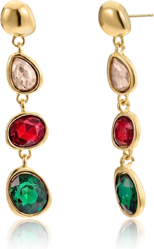 14K Gold Plated Vintage Long Colorful Gemstone Earrings for Women