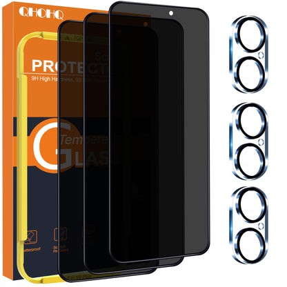 QHOHQ 3 Pack Screen Protector for iPhone 14 Plus 6.7 Inch with 3 Pack Tempered Glass Camera Lens Protector, Ultra HD, 9H Hardness, Case Friendly [Easy to Install Frame]