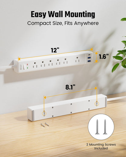 SUPERDANNY 6Ft Thin Extension Cord, Flat Plug Surge Protector Power Strip