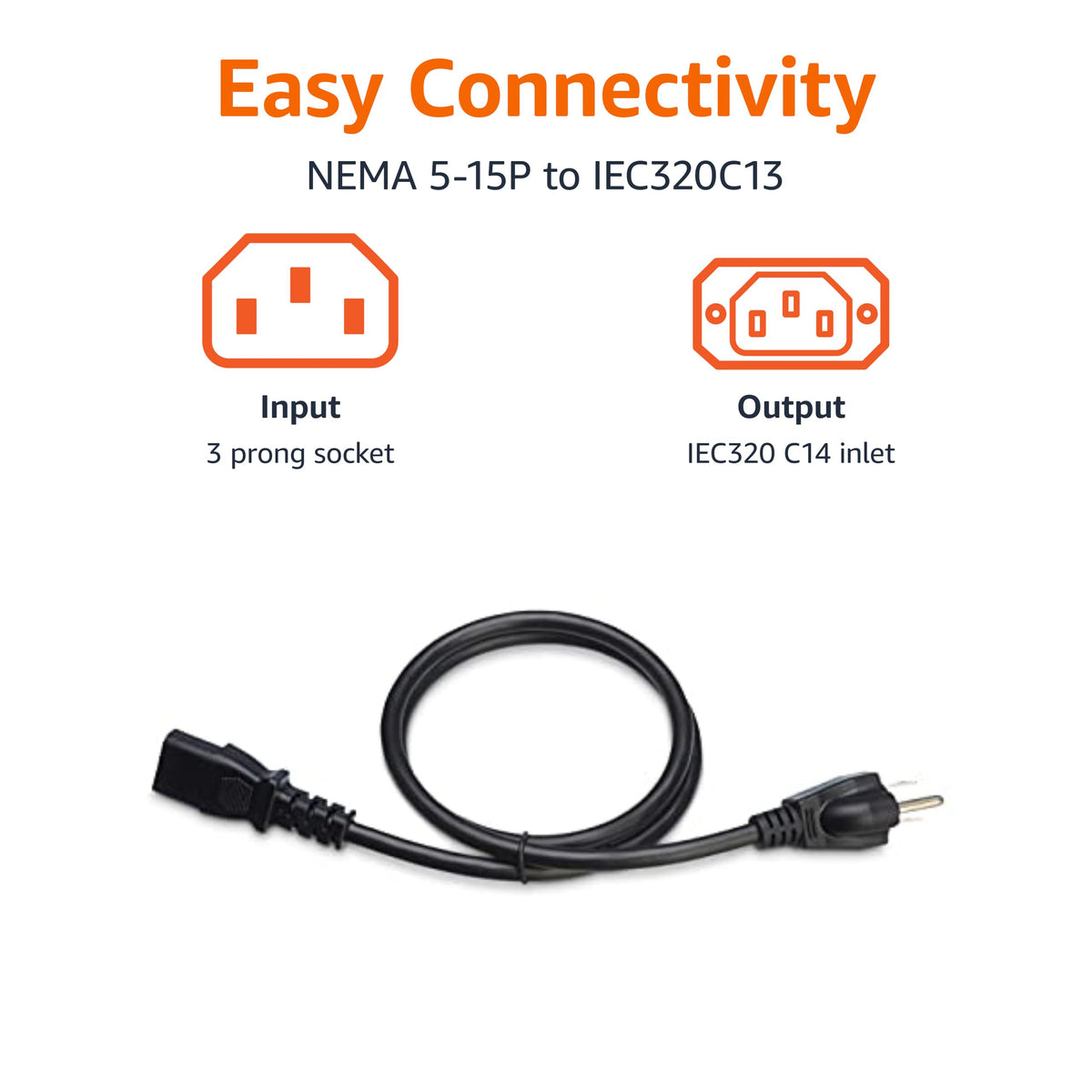 Amazon Basics Replacement Power Cord for Computer, Monitor, TV, Printer, PC, 3 Prong, 18 AWG, 125 Volts, 10 Feet, Black