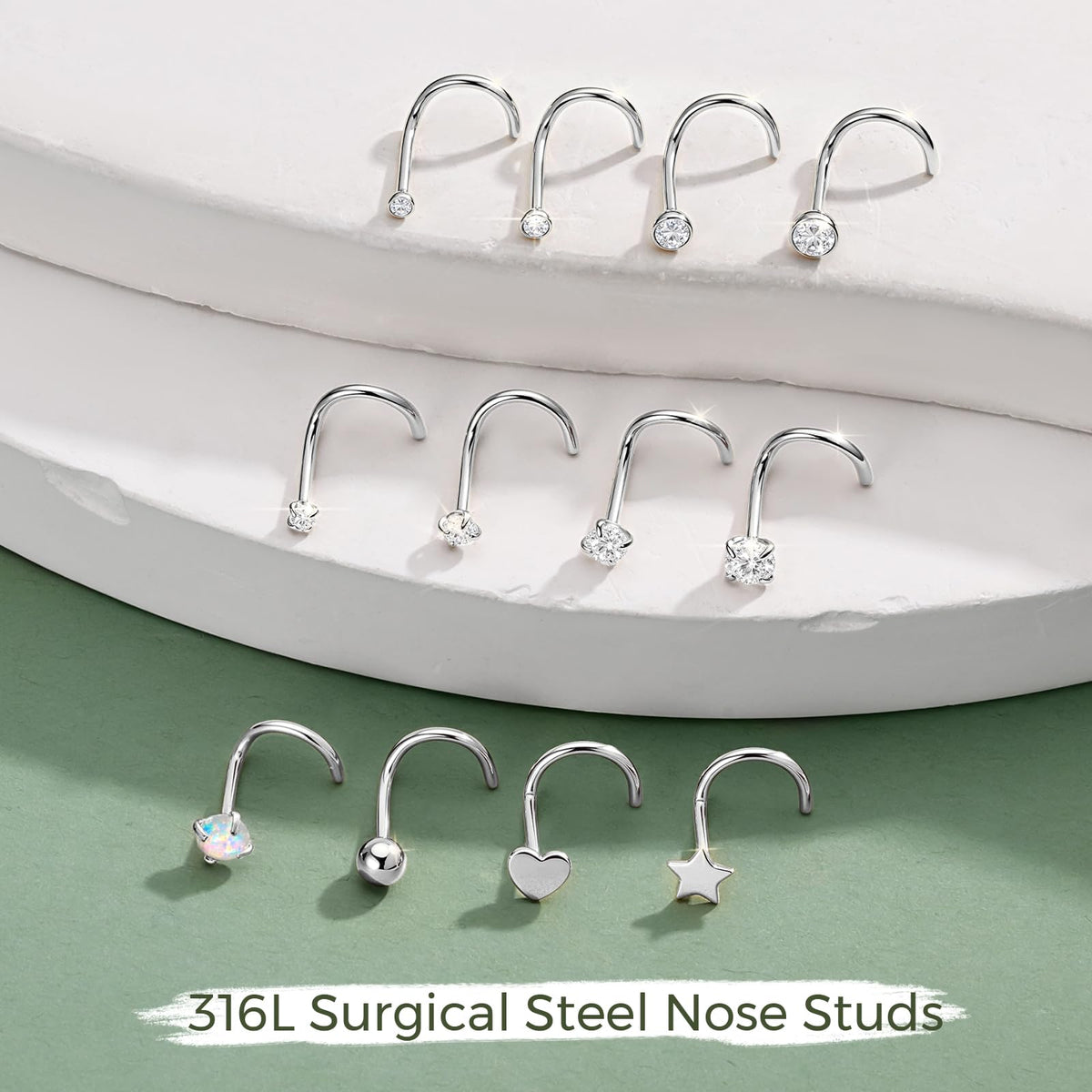 12 Pcs 20G Silver Nose Rings Studs Corkscrew Piercing Jewelry for Women Men