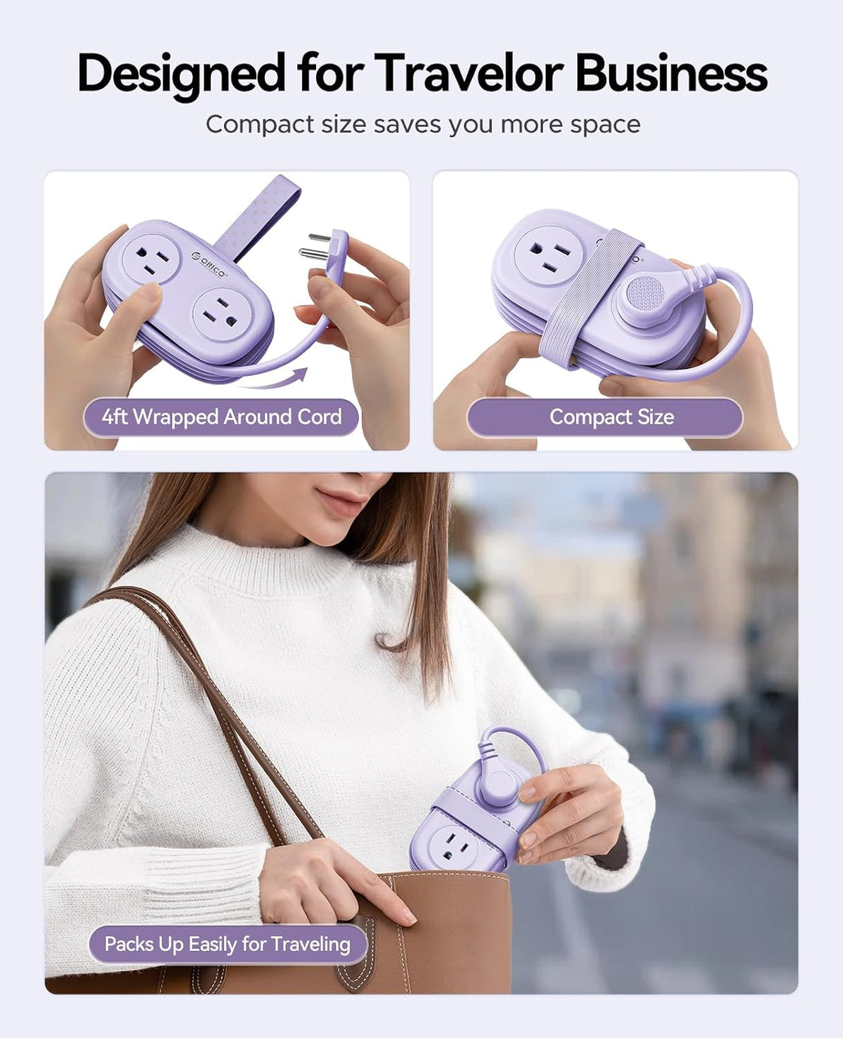 ORICO Purple Cruise Approved Travel Power Strip with 4FT Extension Cord